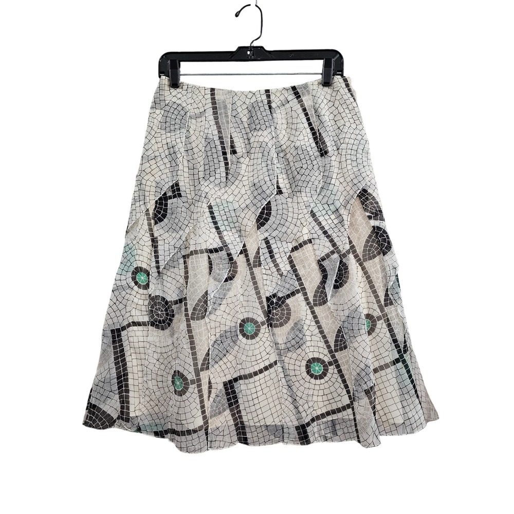 Carolina Herrera Mosaic Silk Skirt Womens 8 Ivory Black Green A-Line Knee Length